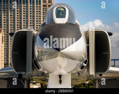 SAN DIEGO, CALIFORNIA, USA - APRIL 2009: Close up Head on view of a F4 Phantom fighter jet on the aircraft carrier USS Midway, which is now a museum Stock Photo