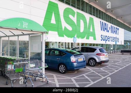 MILTON KEYNES, UK - February 12, 2020. Outside Asda supermarket, a Walmart Supercentre in Milton Keynes Stock Photo