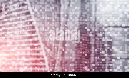 Digital code on blur city background. Abstract Binary code. Stock Photo