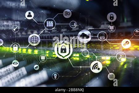 Data security concept. Icons: Closed Padlock, Wifi And cloud on digital background. Stock Photo