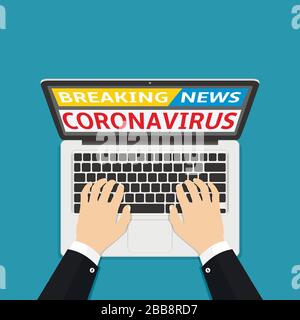 Coronavirus covid-19 breaking news on laptop screen flat style vector illustration Stock Vector