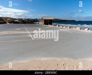 Newquay, Cornwall, UK, 30th March 2020. Covid 19 deserted beach, Rick Steins, Fistral beach bar, The Fish House Fistral beach complex, Newquay Cornwal