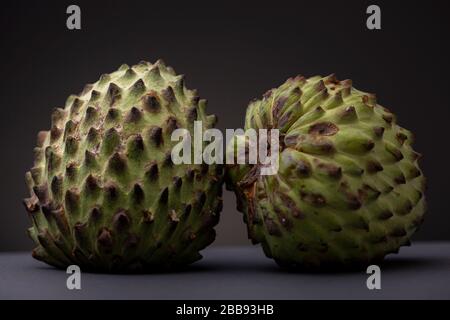 Close up of Soursop or Graviola fruit related on a gray surface with prickly vibrant green peel against a dark background. Low key studio shot Stock Photo