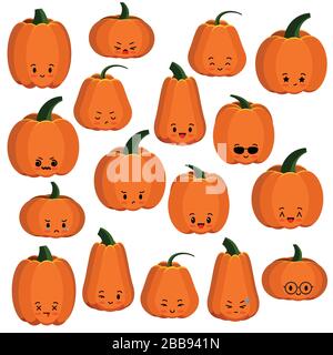 Pumpkin faces emoji icons set isolated on white. Stock Vector