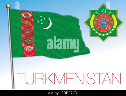 Turkmenistan official national flag and coat of arms, asiatic country, vector illustration Stock Vector