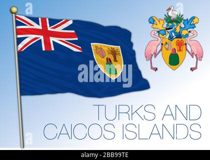 Turks and Caicos official national flag and coat of arms, caribbean country, vector illustration Stock Vector