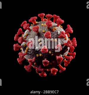 Coronavirus, COVID-19, SARS-CoV-2 Corona virus particle 3D illustration in color isolated on black background. Stock Photo