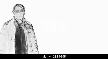 Ilustration of elderly man in protective medical mask isolate in white. Coronavirus elderly advice concept. Safety old men. Transmission of virus thro Stock Photo