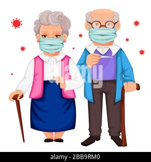 Elderly man and woman wearing a protective mask to prevent infections, respiratory diseases, such as coronavirus 2019-nCoV. Vector illustration on whi Stock Vector