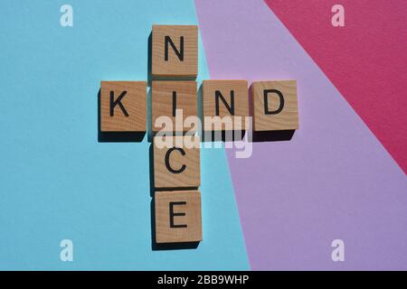 Nice, Kind, words on colorful background Stock Photo