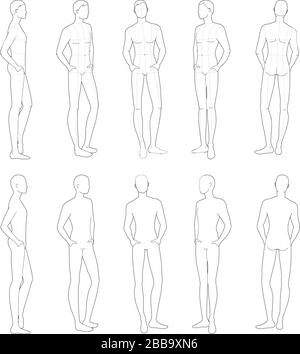 Fashion Template Of Relaxing Stand Men. 9 Head Size For Technical Drawing  With And Without Main Lines. Gentlemen Figure Front And Back View. Vector  Outline Boy For Fashion Sketching And Illustration Stock