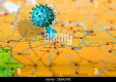 Covid-19 outbreak or new Coronavirus, 2019-nCoV, virus pin in Moscow on map of Russia. Covid 19-NCP virus: contagion and propagation of disease in Stock Photo