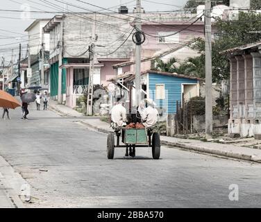 Two men driving a small horse cart through the street and a few people at the end of the street during the first days of covid-19 in Cuba. Stock Photo