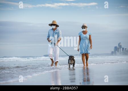a couple with medical masks walking a blue stafford dog seaside on a beautiful beach. walking dog concept or staying active amid coronavirus pandemic Stock Photo