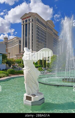 Caesars Palace Las Vegas NV, USA 10-03-18 Public art. Full-length winged female of Nike, the goddess of Victory. The statue is part of a fountain. Stock Photo