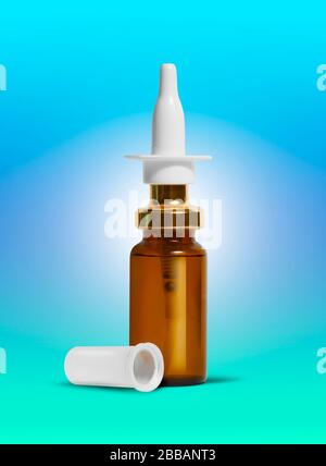 Nasal spray container isolated on blue gradient background. With clipping path Stock Photo