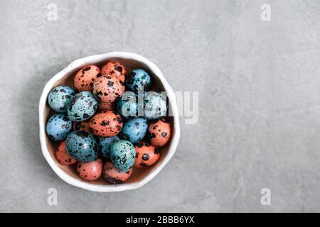 Painted red and blue quail eggs for Easter in small ceramic plate on gray concrete background. Empty place for text and sign. Stock Photo
