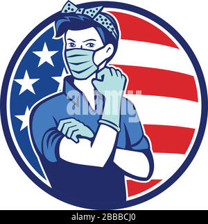 Mascot icon illustration of American Rosie the riveter as medical healthcare essential worker wearing a surgical mask and saying we can do it with USA Stock Vector