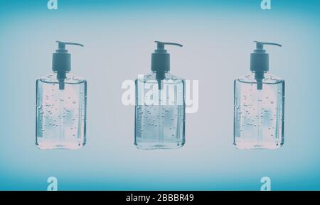 Hand sanitizer bottles design for COVID-19 Pandemic Coronavirus medical supplies on blue background. COVID-19. Stock Photo