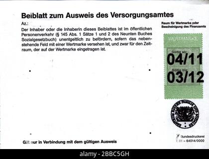 English Ticket Granting Bearers Of A German Disability Card Schwerbehindertenausweis Type G Free Use Of Public Transport Deutsch Wertmarke Zur Kostenfreien Beforderung Im Offentlichen Nahverkehr Fur Inhaber Eines Schwerbehindertenausweises Mit