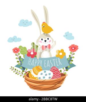 Happy Easter, bunny and bird sitting in woven basket Stock Vector