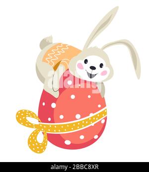 Easter bunny sitting on decorative egg wrapped with tape Stock Vector