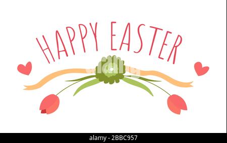 Happy Easter greeting banner with flowers and hearts Stock Vector