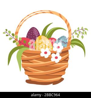 Woven basket with painted eggs and flowers for Easter Stock Vector