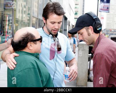 Danny DeVito and Rob McElhenney filming 'It's Always Sunny In Philadelphia' on location across from city hall in Philadelphia, Pennsylvania on June 6, 2008. Credit: Scott Weiner / MediaPunch Stock Photo