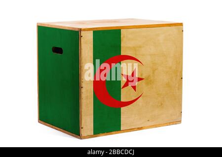 A wooden box for reliable shipment of various goods and cargo with the national flag of Algeria on a white isolated background. The concept of export- Stock Photo