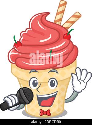 Cute cherry ice cream sings a song with a microphone Stock Vector