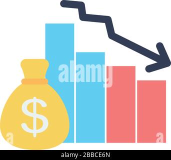 graphic bar chart with descending financial arrow and money bag icon over white background, flat style, vector illustration Stock Vector