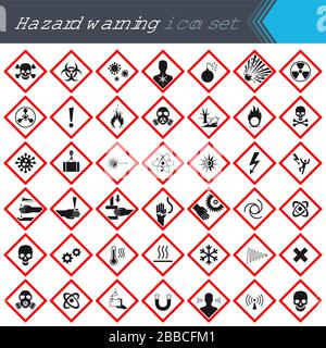 Hazard warning signs on red squares. Set of signs warning about danger. 42 high quality hazard symbols and elements. Danger icons. Vector illustration Stock Vector