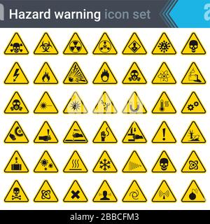 Hazard warning signs on yellow triangles. Set of signs warning about danger. 42 high quality hazard symbols and elements. Danger icons. Vector. Stock Vector