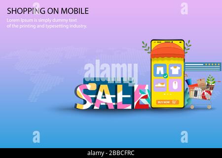 Concept of online shopping, colorful wording "SALE" put near super market basket with goods and smartphone which the display contain list of products Stock Vector