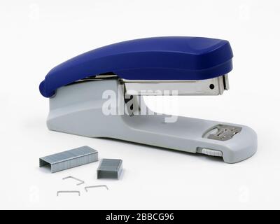 Blue stapler with staples isolated on a white background Stock Photo