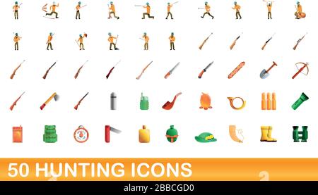 50 hunting icons set. Cartoon illustration of 50 hunting icons vector set isolated on white background Stock Vector