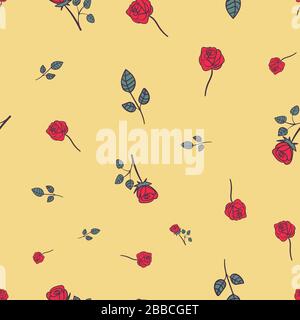 red roses on yellow seamless vector pattern Stock Vector