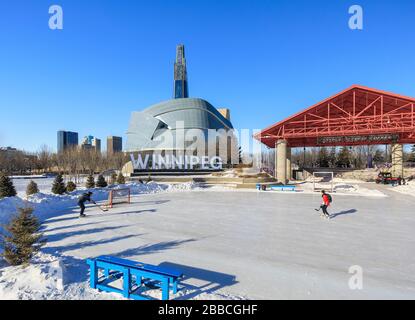 Ice hockey at The Forks, in downtown Winnipeg, Manitoba, Canada Stock Photo