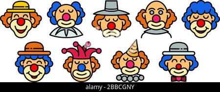 Clown icons set. Outline set of clown vector icons for web design isolated on white background Stock Vector