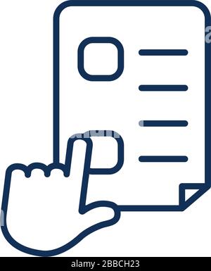 Hand with Document page icon over white background, blue shading design ...