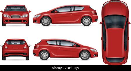 Red hatchback car vector mockup on white for vehicle branding, corporate identity. All elements in the groups on separate layers for easy editing Stock Vector