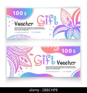 Voucher template multicolored vibrant ornamental lilies on white background. Value 100 dollars for department stores, business. shops, feminine goods Stock Vector