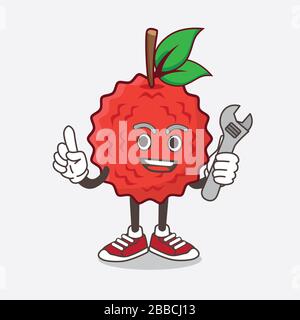 An illustration of Lychee Fruit cartoon mascot character as happy mechanic Stock Photo