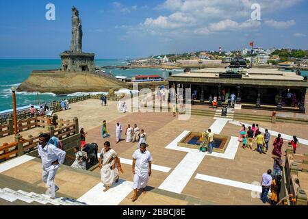 Kanyakumari, India - March 2020: People visiting the Vivekananda monument located on a small island off the coast of Kanyakumari on March 12, 2020 in Stock Photo