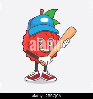 An illustration of Lychee Fruit cartoon mascot character playing baseball Stock Photo