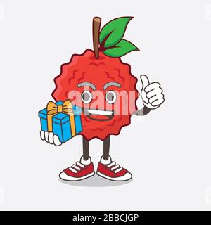 An illustration of Lychee Fruit cartoon mascot character with gift Stock Photo