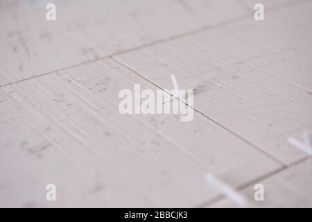 Ceramic wood effect tiles and tools for tiler on the floor  unfinished laying floor tiles  Floor tiles installation Stock Photo