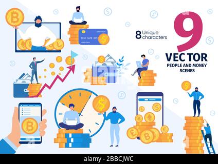 People and Money Making Flat Vector Concepts Set Stock Vector