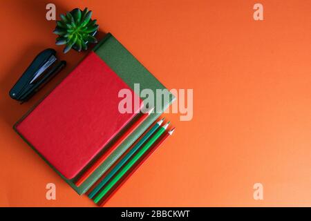Red and green notebooks stand on an orange background, next to notebooks there are multi-colored pencils, and a green plant Stock Photo